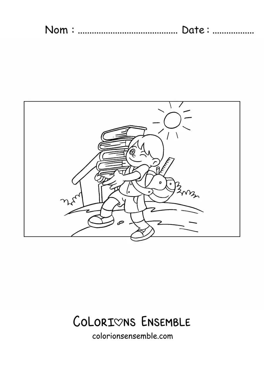 Image à colorier d'un garçon qui porte des livres pour faire ses devoirs