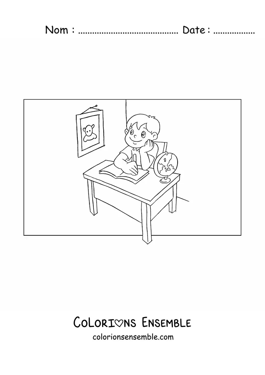 Image à colorier d'un garçon assis à son pupitre qui fait ses devoirs