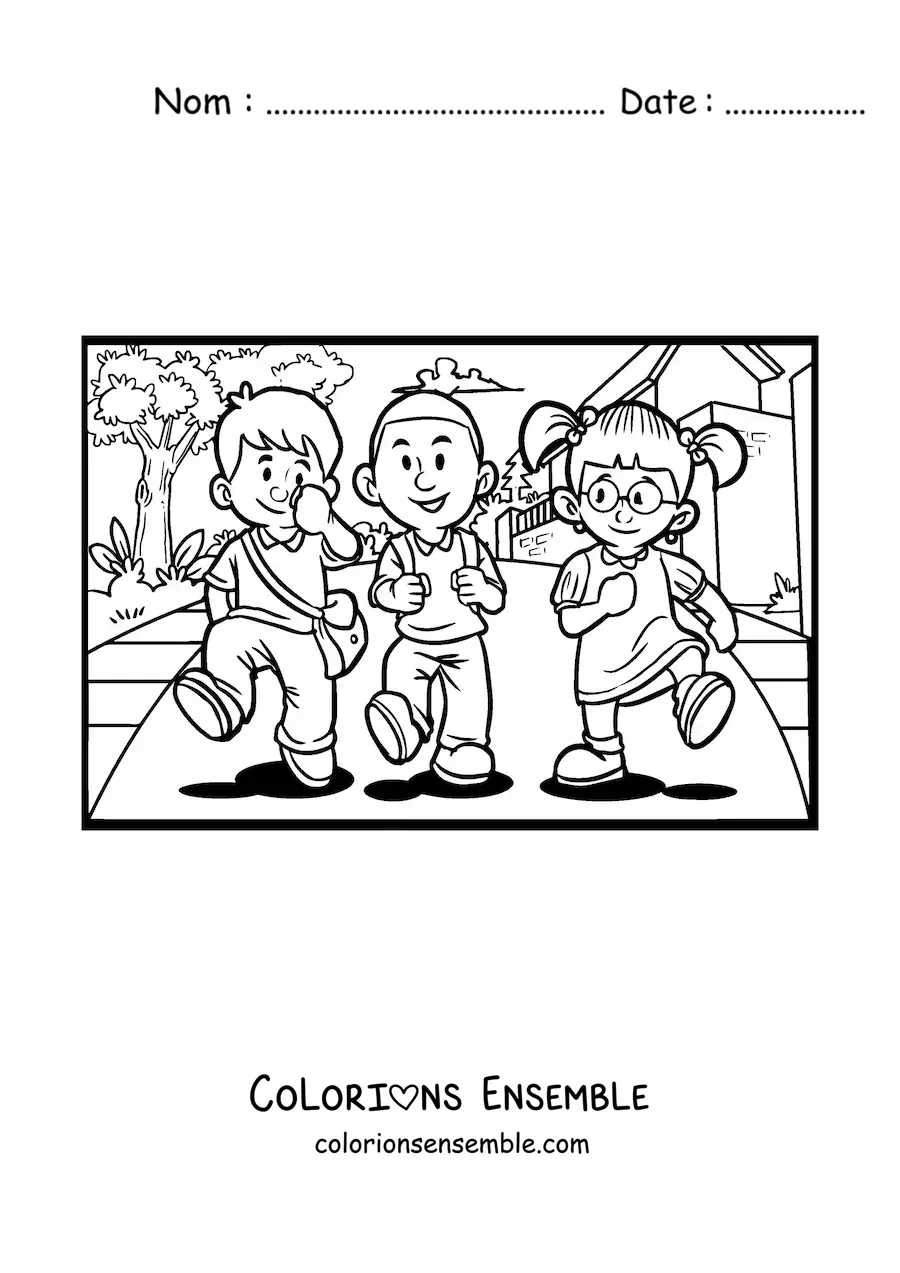 Image à colorier de trois enfants qui marchent vers l'école