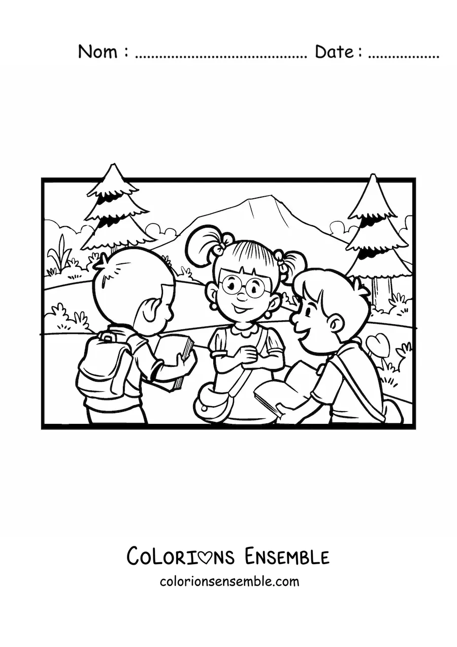 Image à colorier de trois enfants dans la cour de l'école