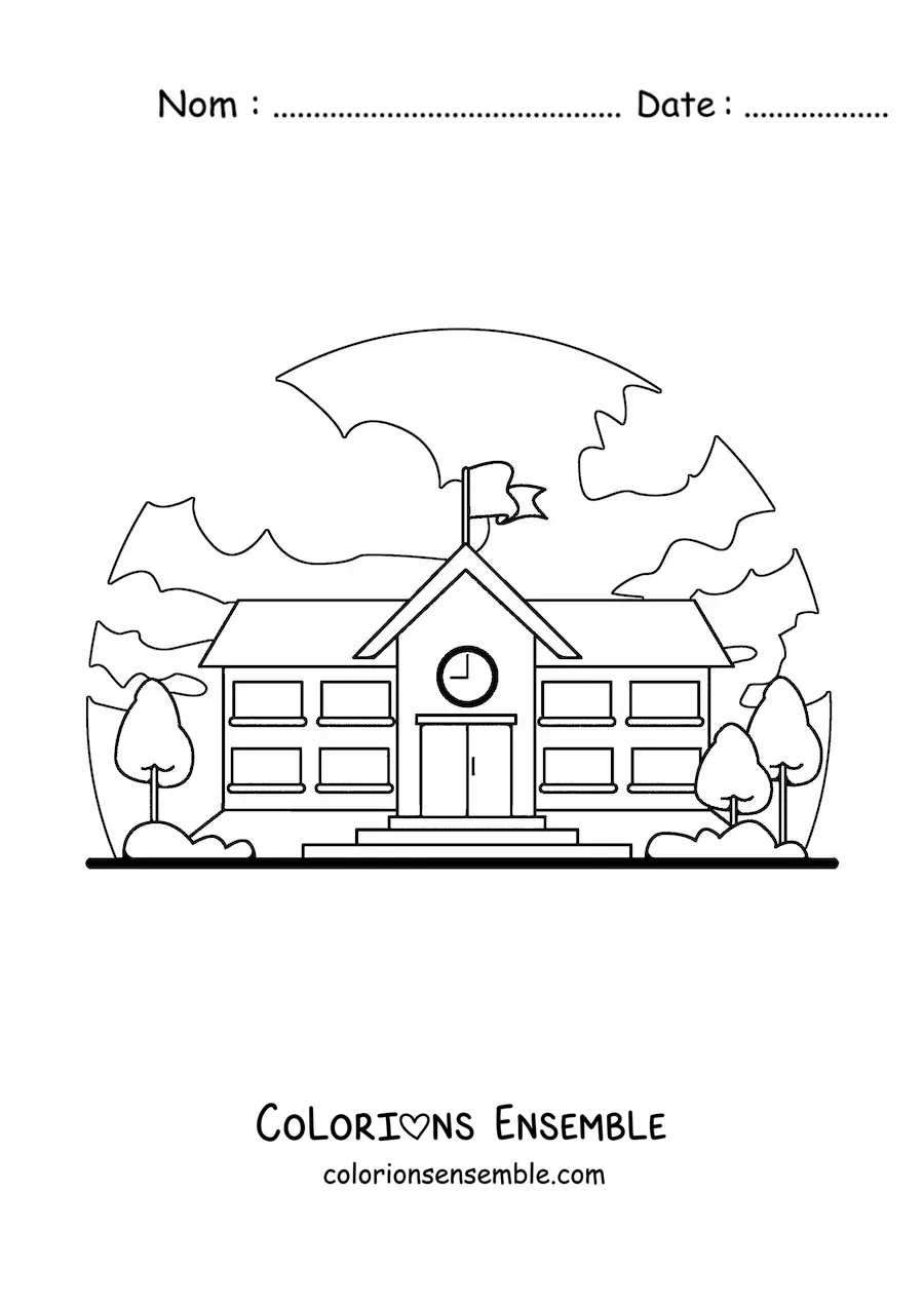Image à colorier d'une école dans un paysage