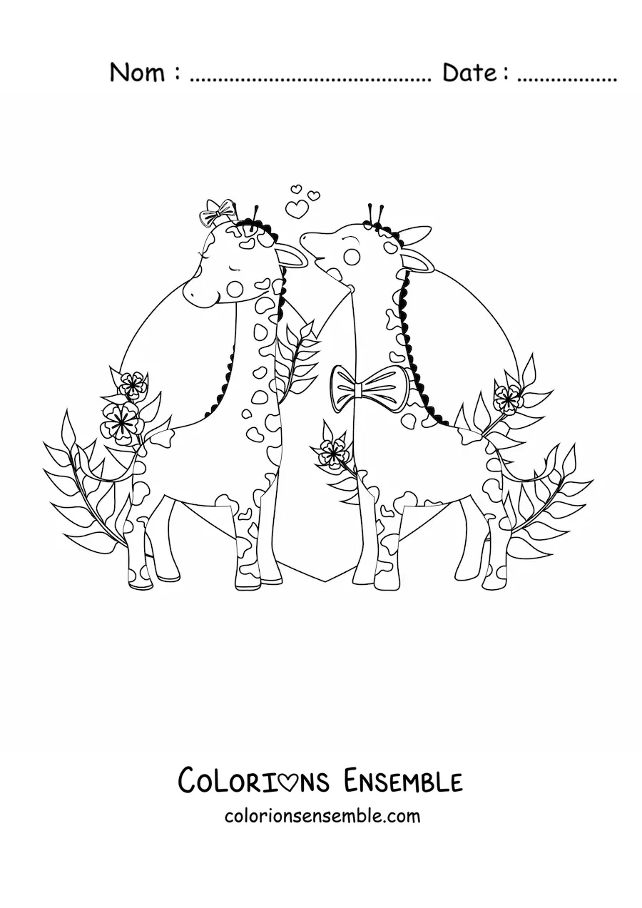 Coloriage d'un couple romantique de girafes de dessin animé avec un cœur en arrière-plan