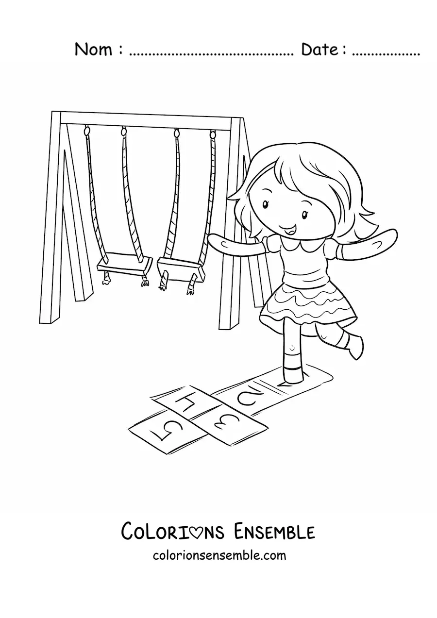 Image à colorier d'une fille kawaii qui joue à la marelle dans le parc