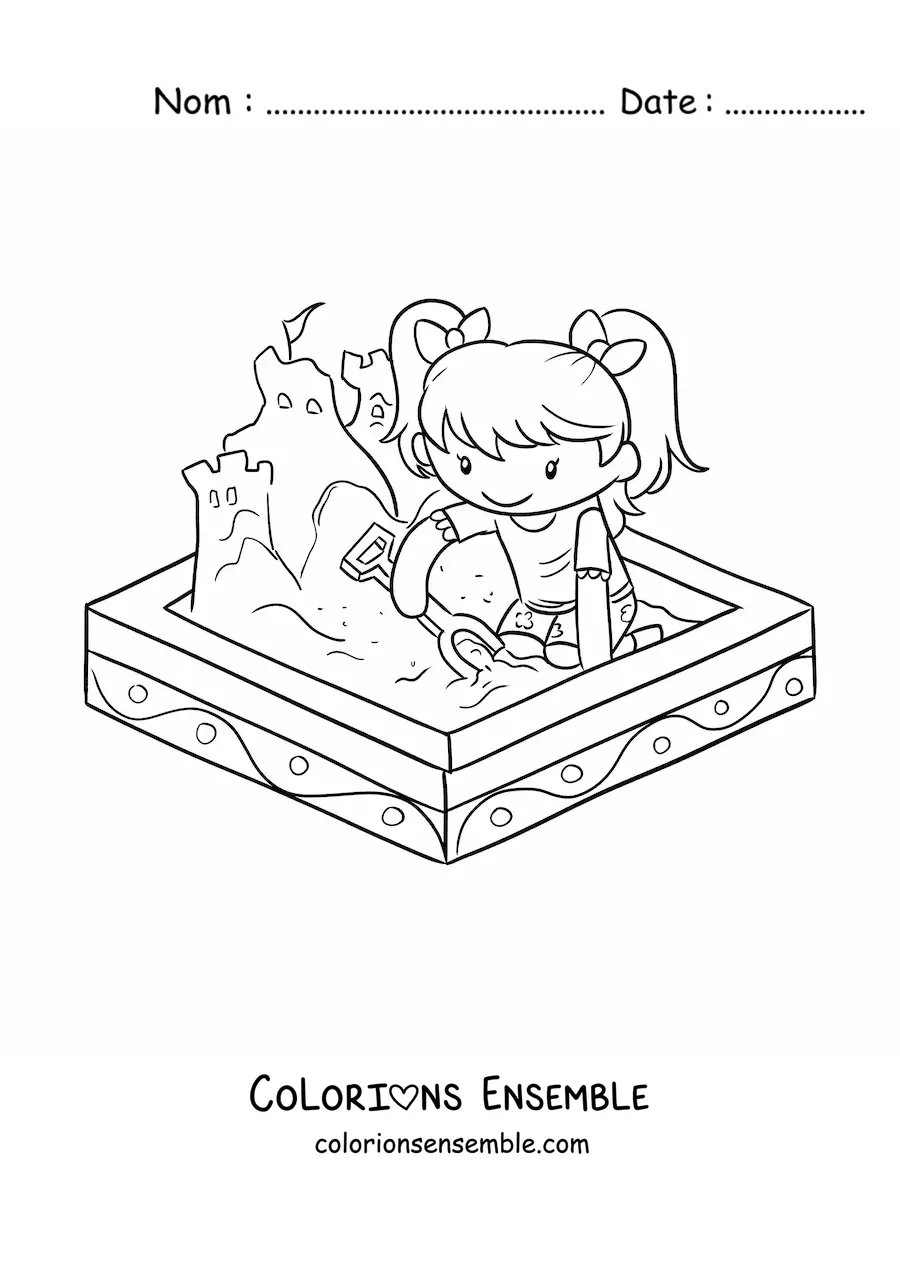 Image à colorier d'une fille qui joue dans le bac à sable