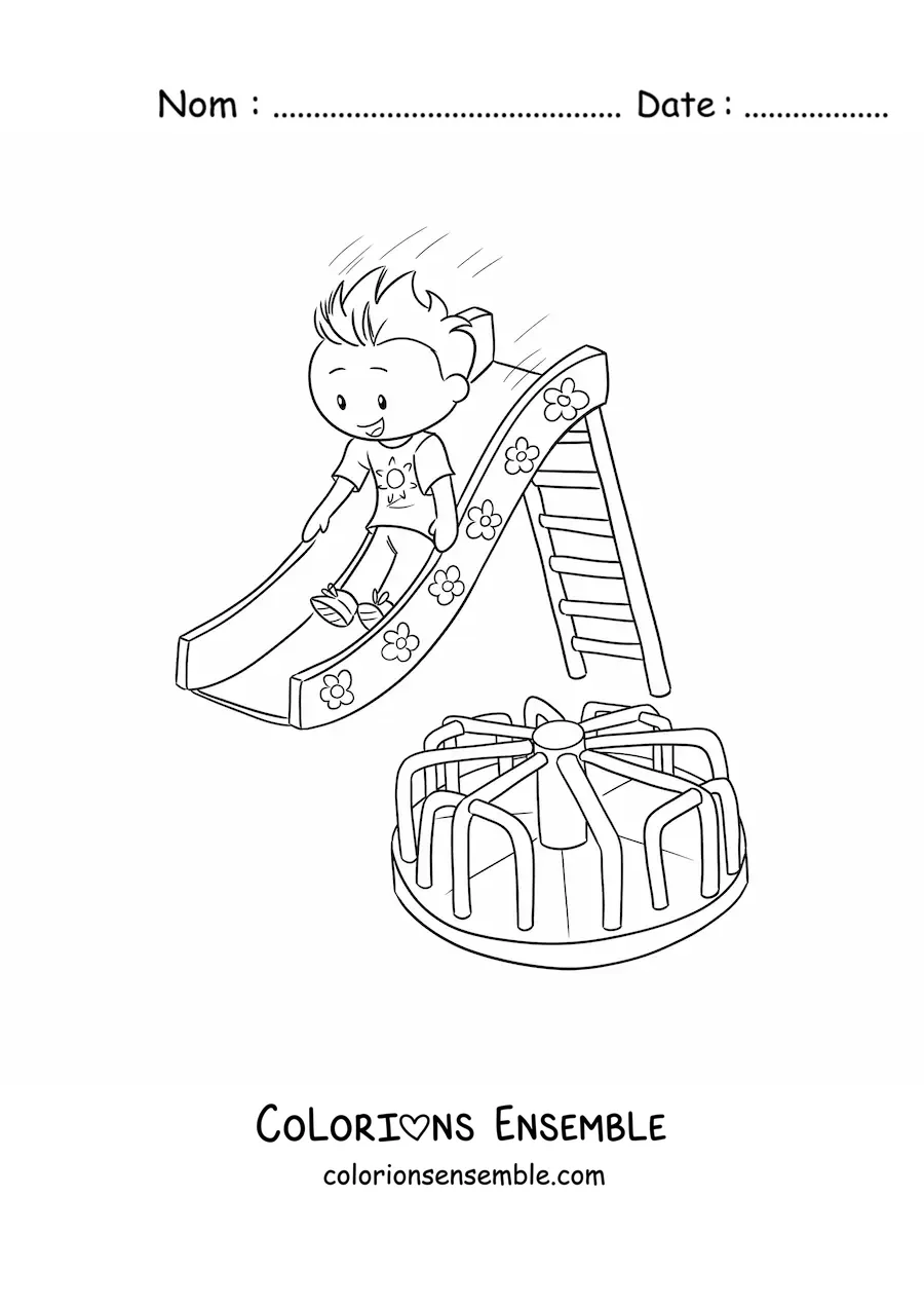Image à colorier d'un garçon qui glisse sur le toboggan du parc
