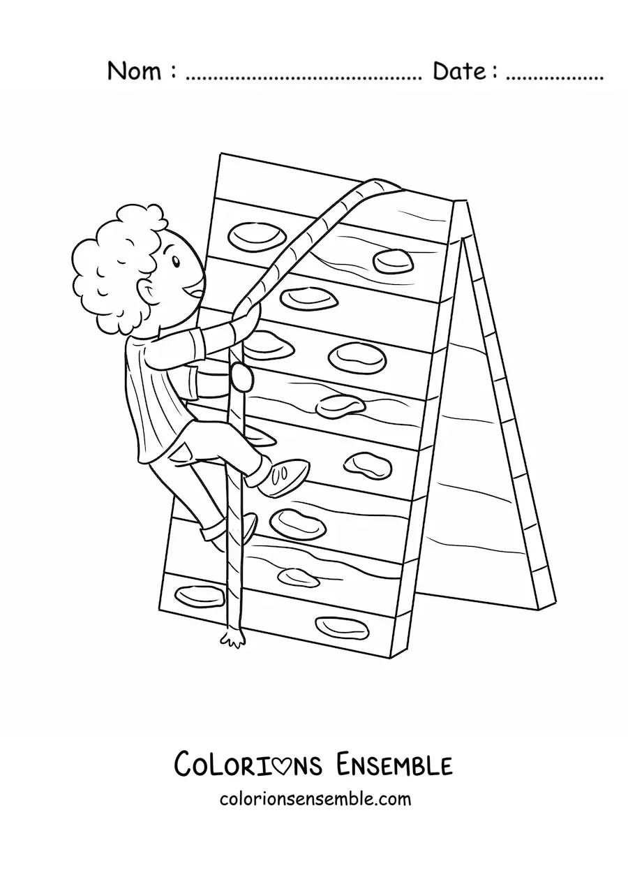 Image à colorier d'un garçon qui grimpe sur un mur d'escalade