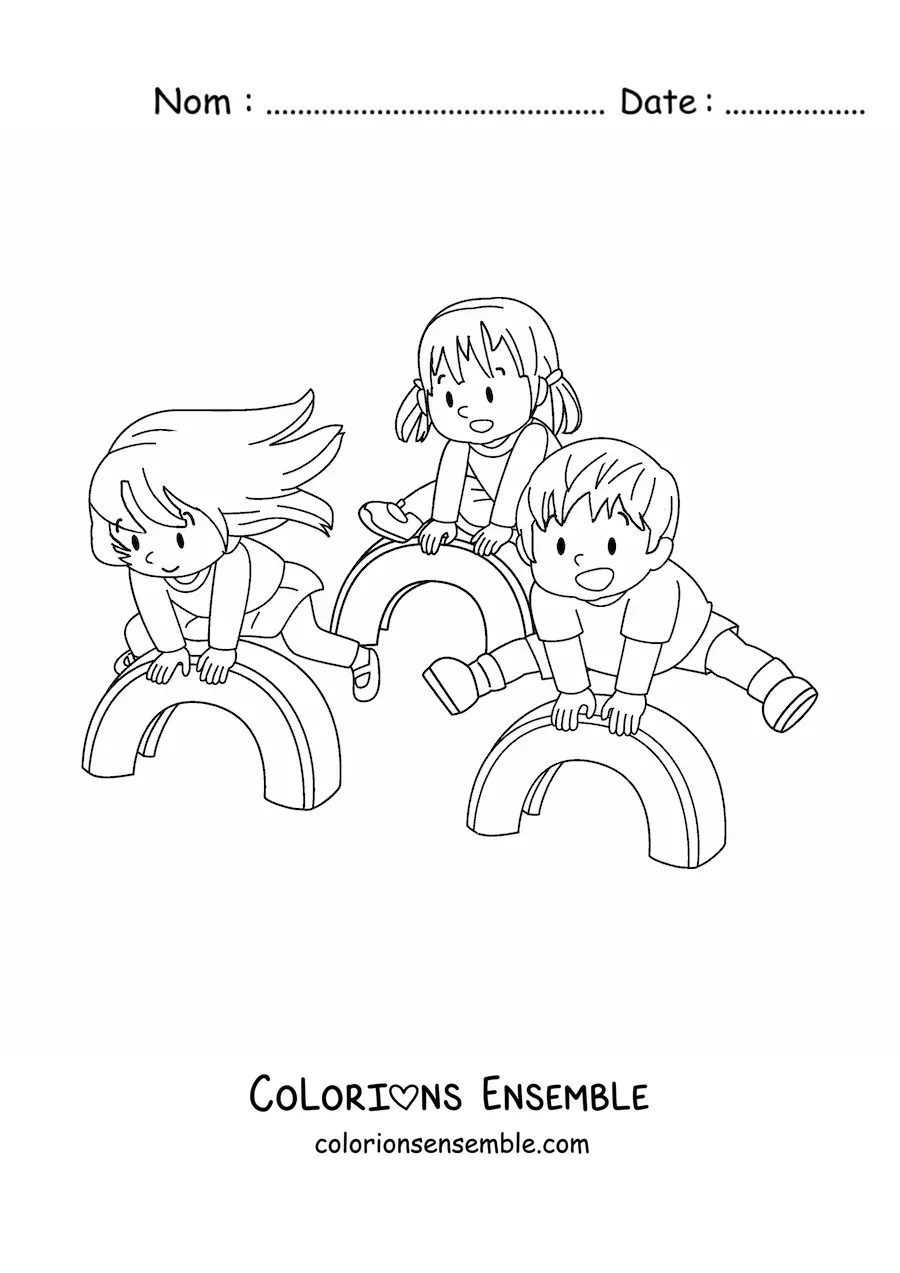 Image à colorier de trois enfants qui jouent dans le parc