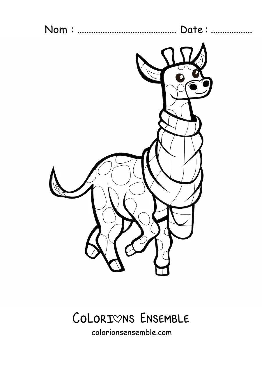 Coloriage d'une girafe de dessin animé portant une écharpe autour du cou