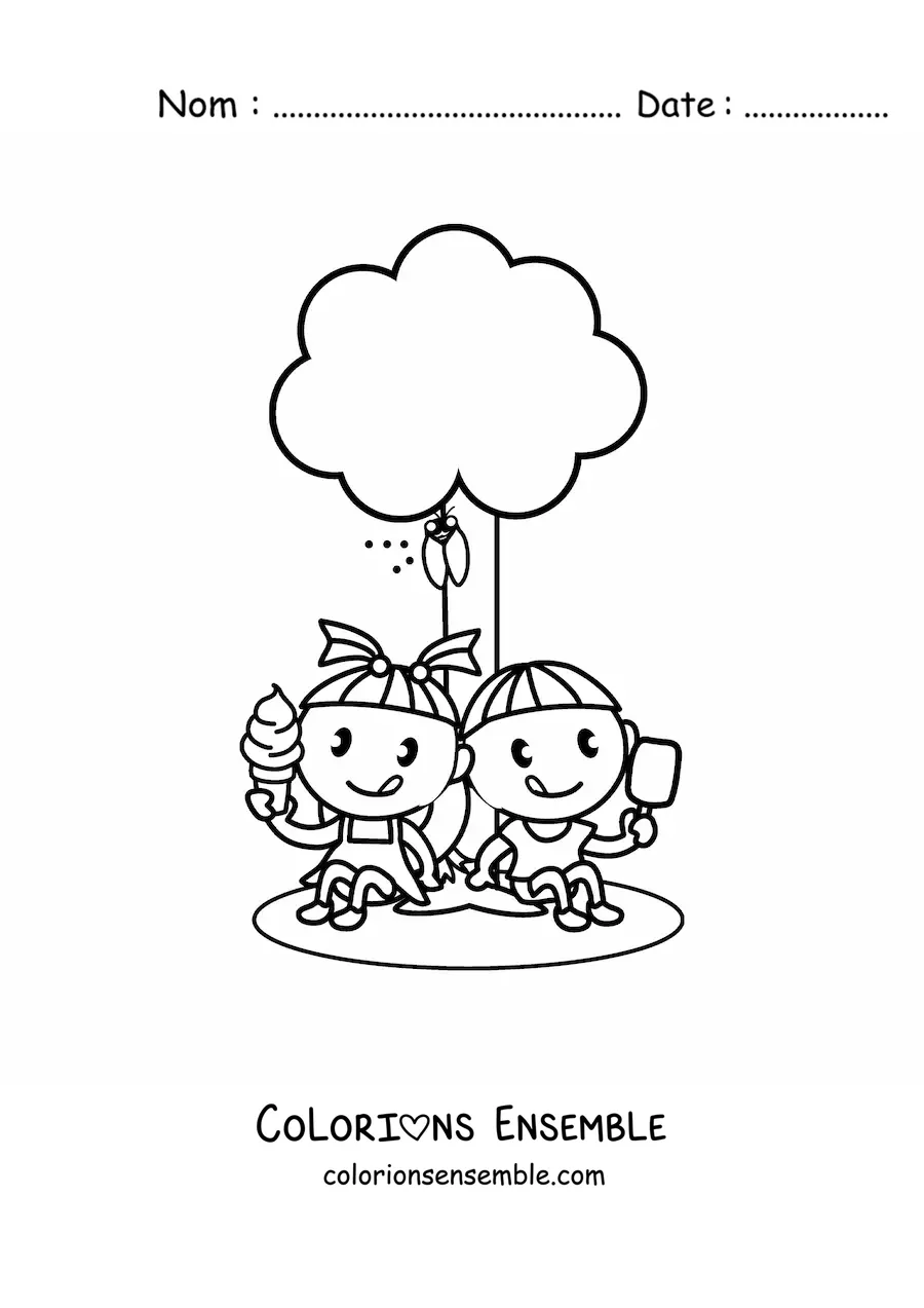 Image à colorier de deux enfants kawaii qui mangent une glace dans un parc