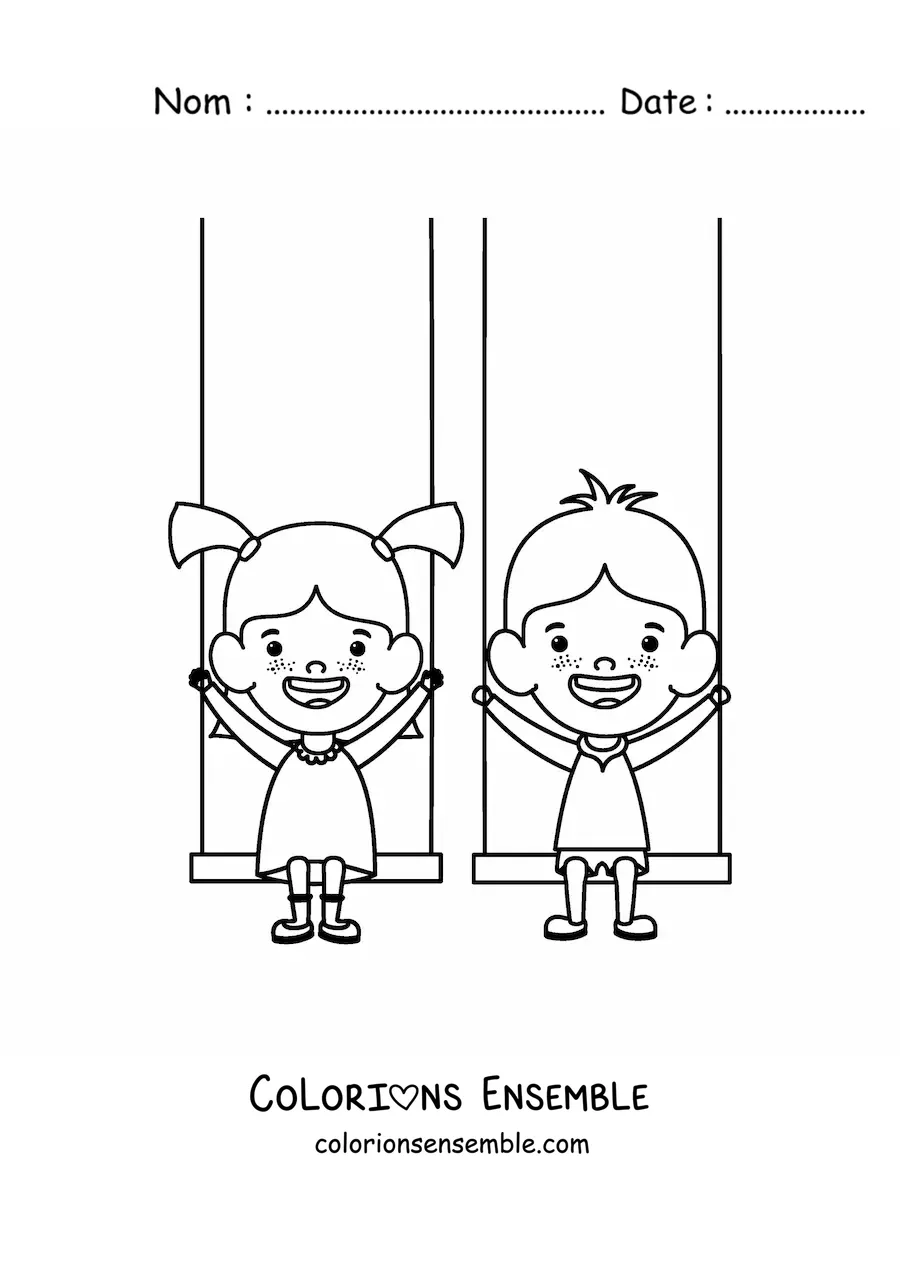 Image à colorier de deux enfants sur des balançoires
