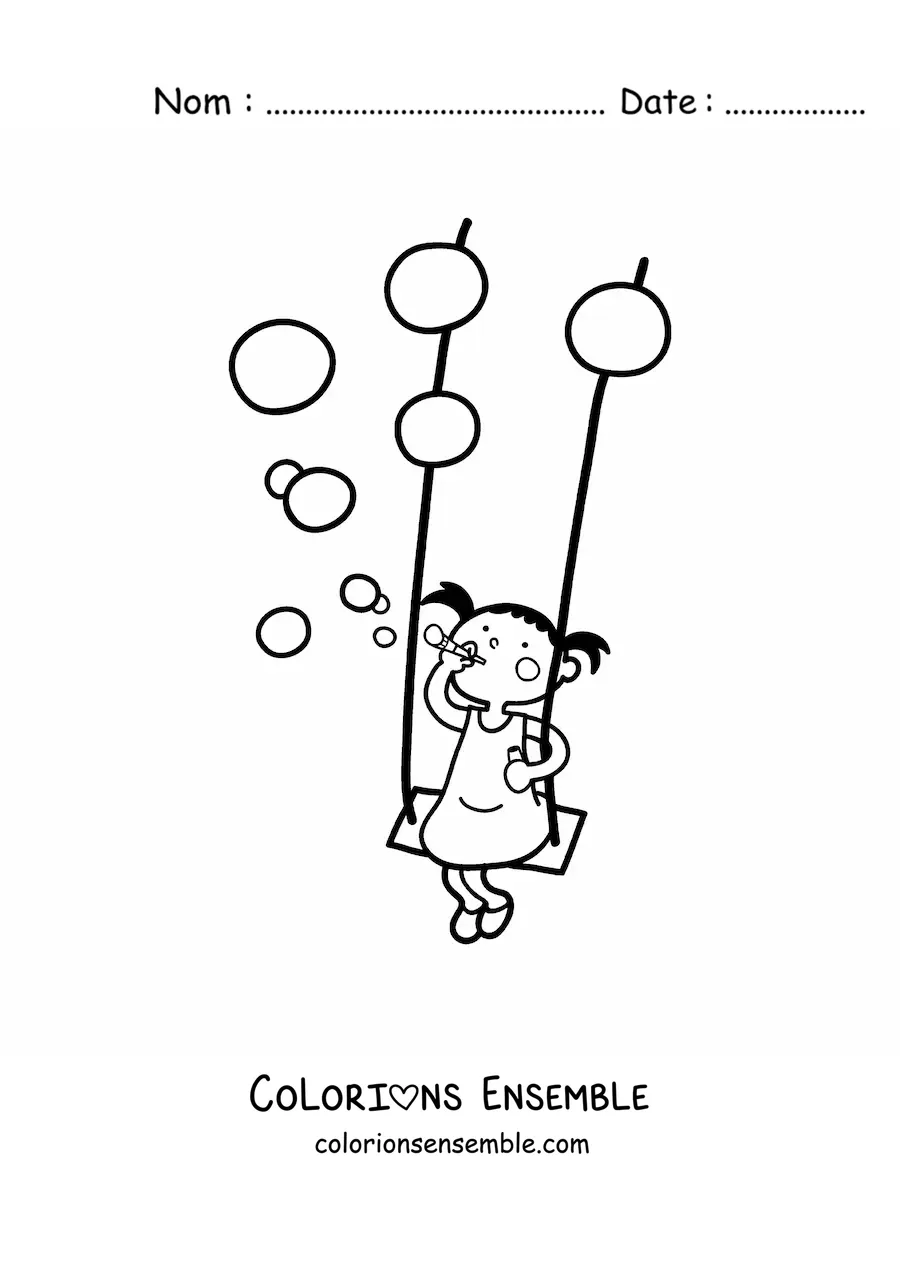 Image à colorier d'une fille qui fait des bulles sur une balançoire