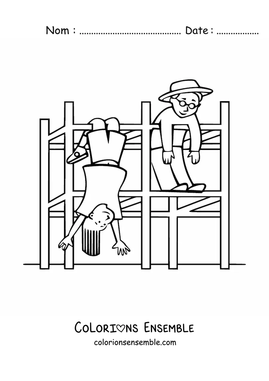 Image à colorier de deux enfants qui jouent dans l'aire de jeux