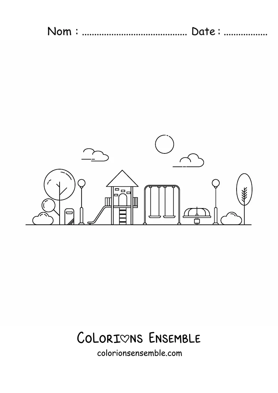 Image à colorier d'une aire de jeux avec des arbres