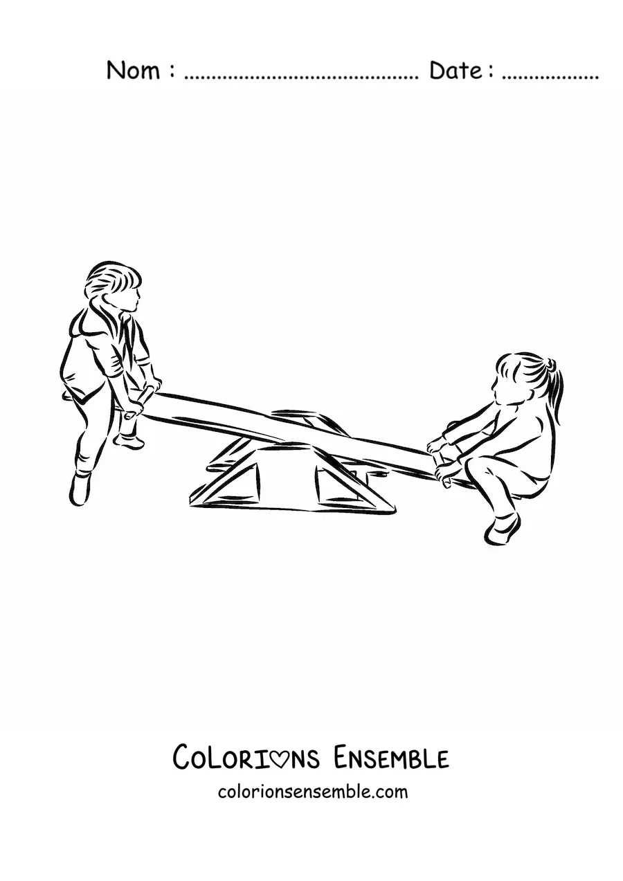 Image à colorier de deux enfants qui jouent à la balançoire à bascule