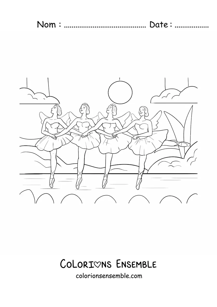 Image à colorier d'un groupe de danseuses sur la scène
