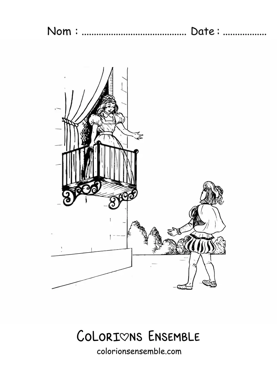Image à colorier d'une scène de la pièce de Roméo et Juliette