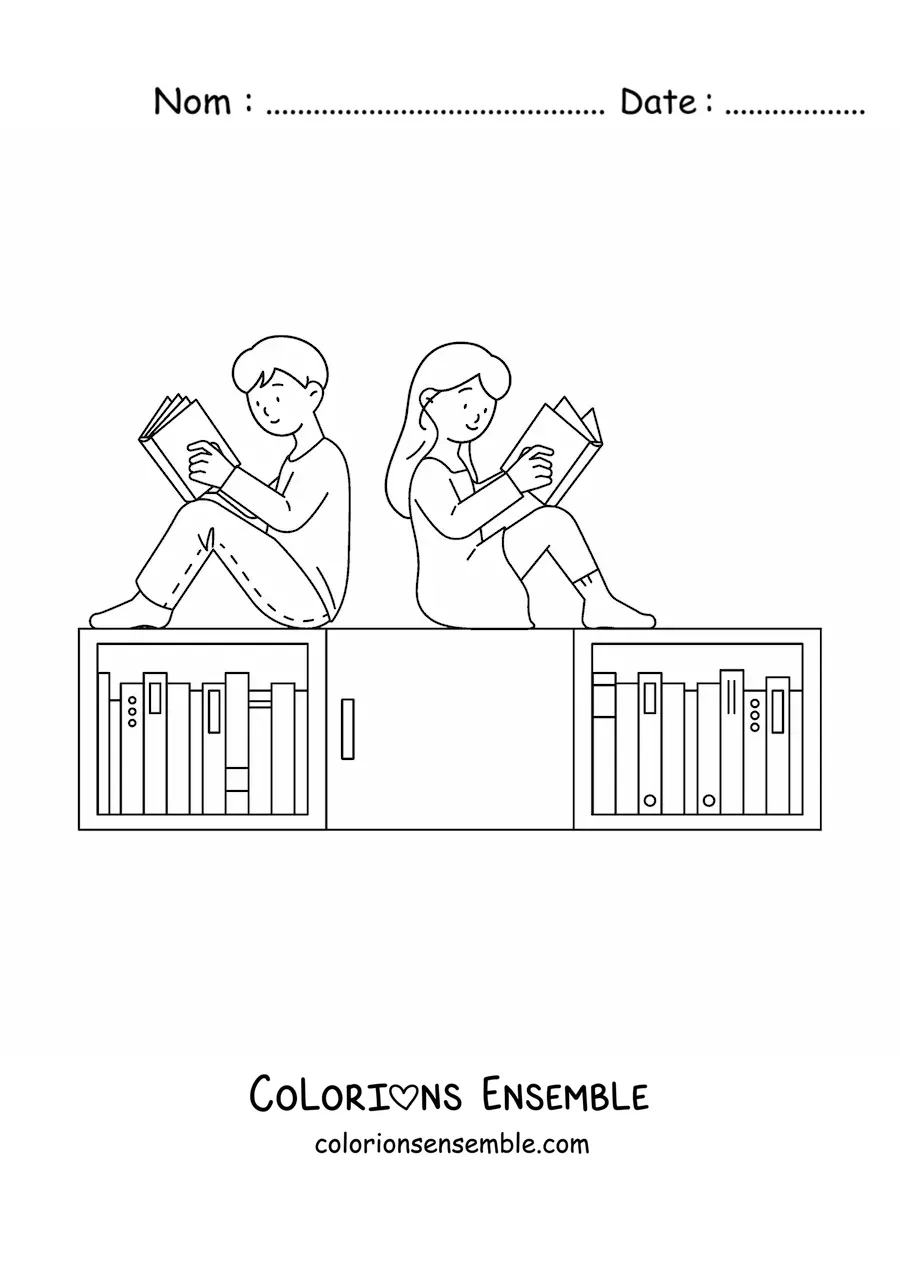 Image à colorier de deux enfants qui lisent à la bibliothèque
