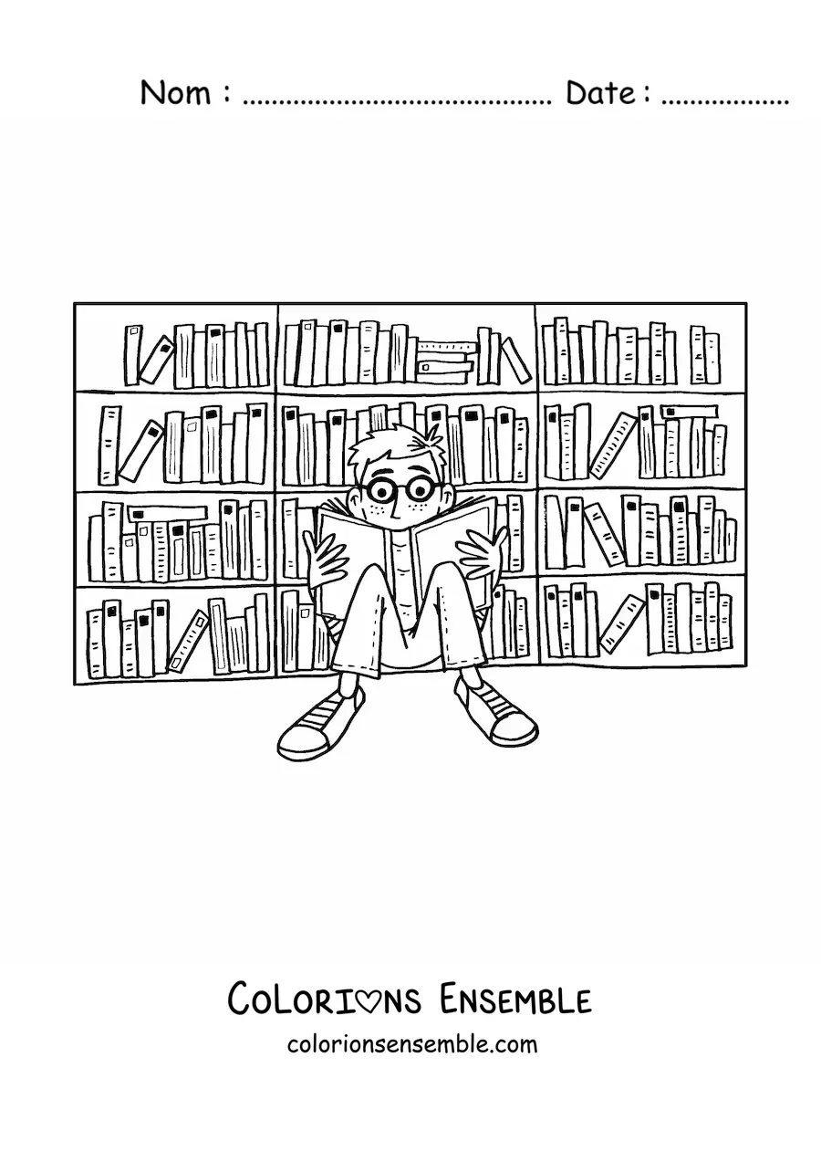 Image à colorier d'un garçon qui lit à la bibliothèque
