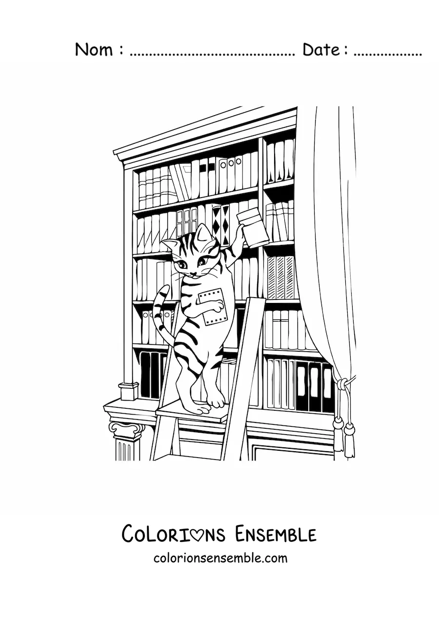 Image à colorier d'un chat animé qui cherche un livre à la bibliothèque
