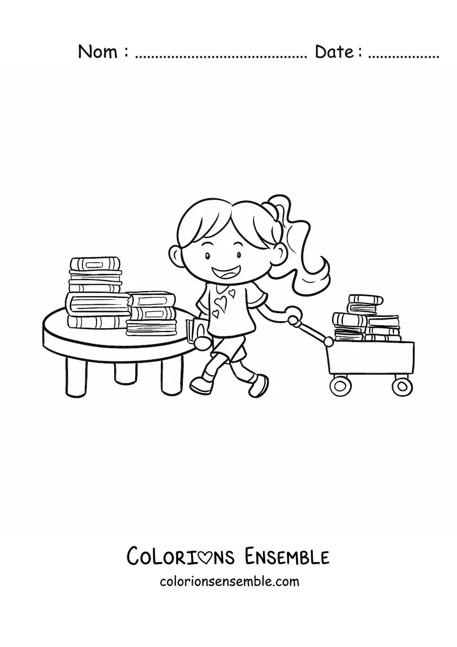 Image à colorier d'une fille avec des livres à la bibliothèque