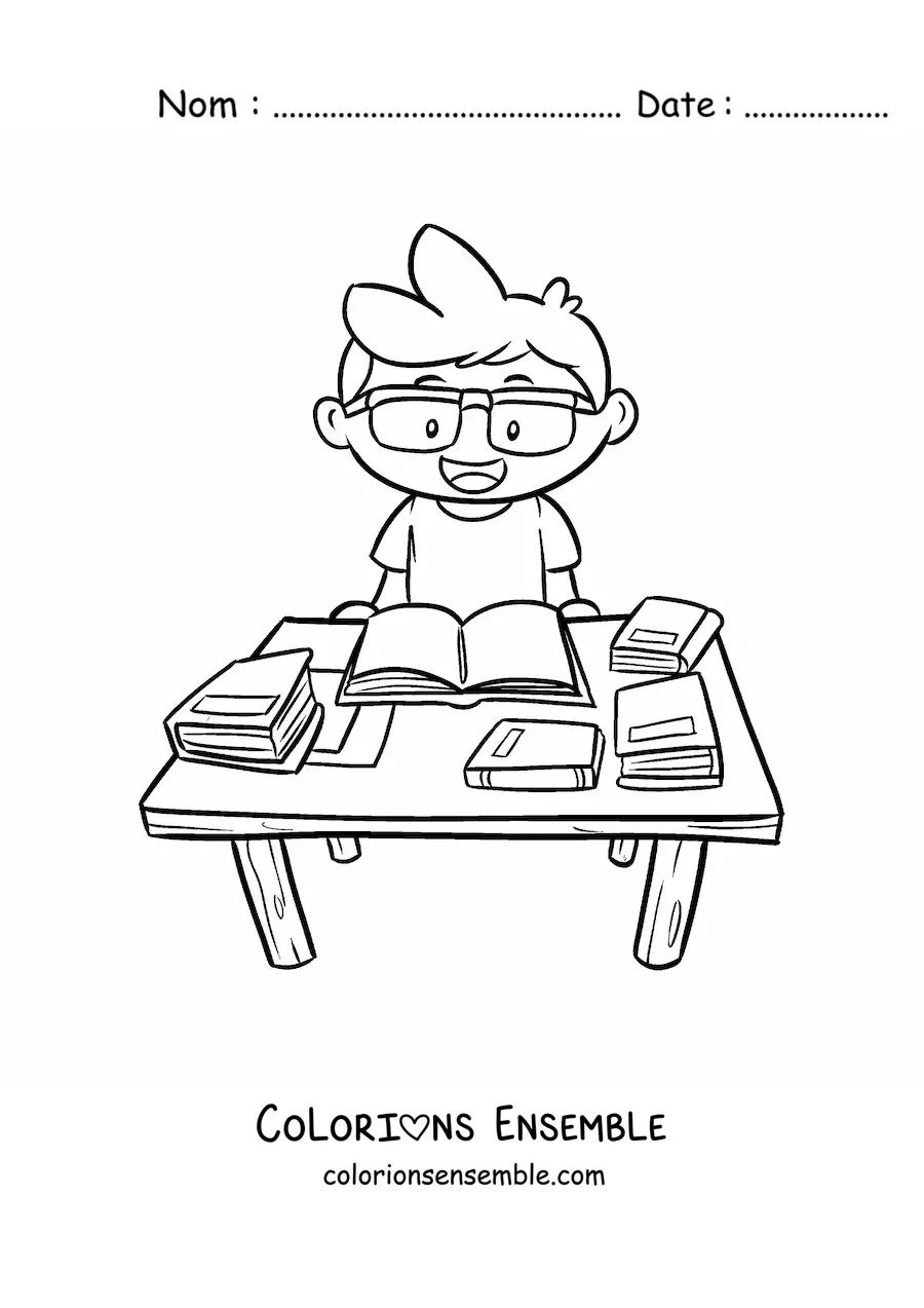 Image à colorier d'un garçon qui fait ses devoirs à la bibliothèque de l'école
