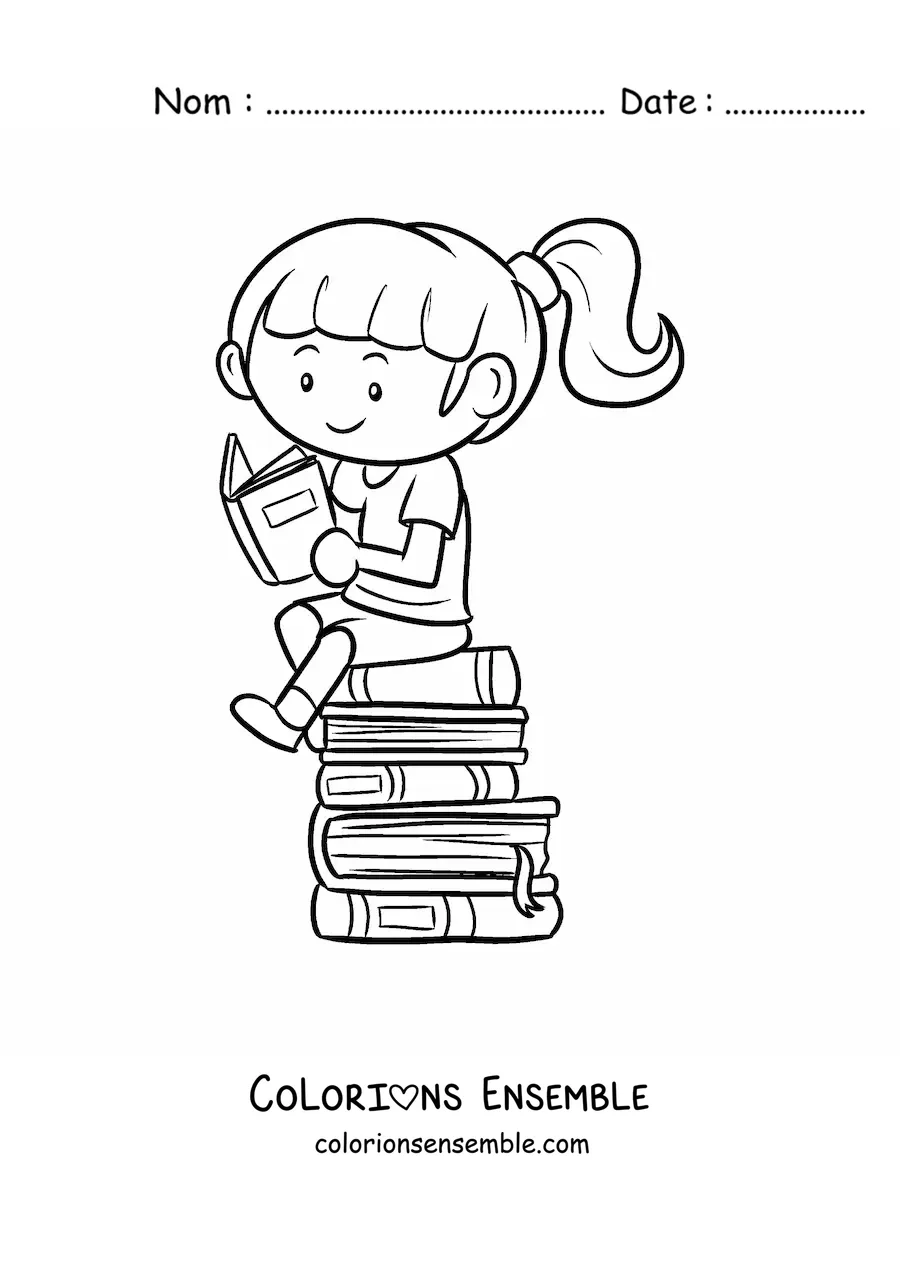 Image à colorier d'une fille qui lit assise sur une pile de livres