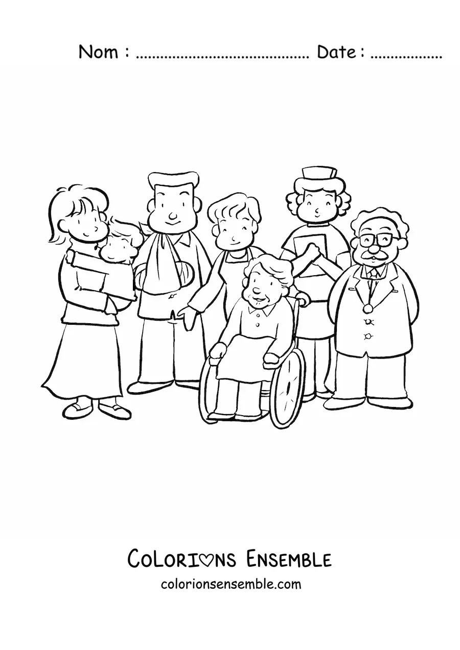 Image à colorier de plusieurs patients avec le personnel de l'hôpital