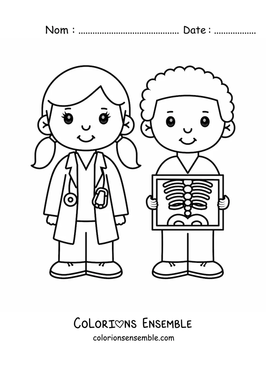 Image à colorier d'un médecin et d'un radiologue kawaii