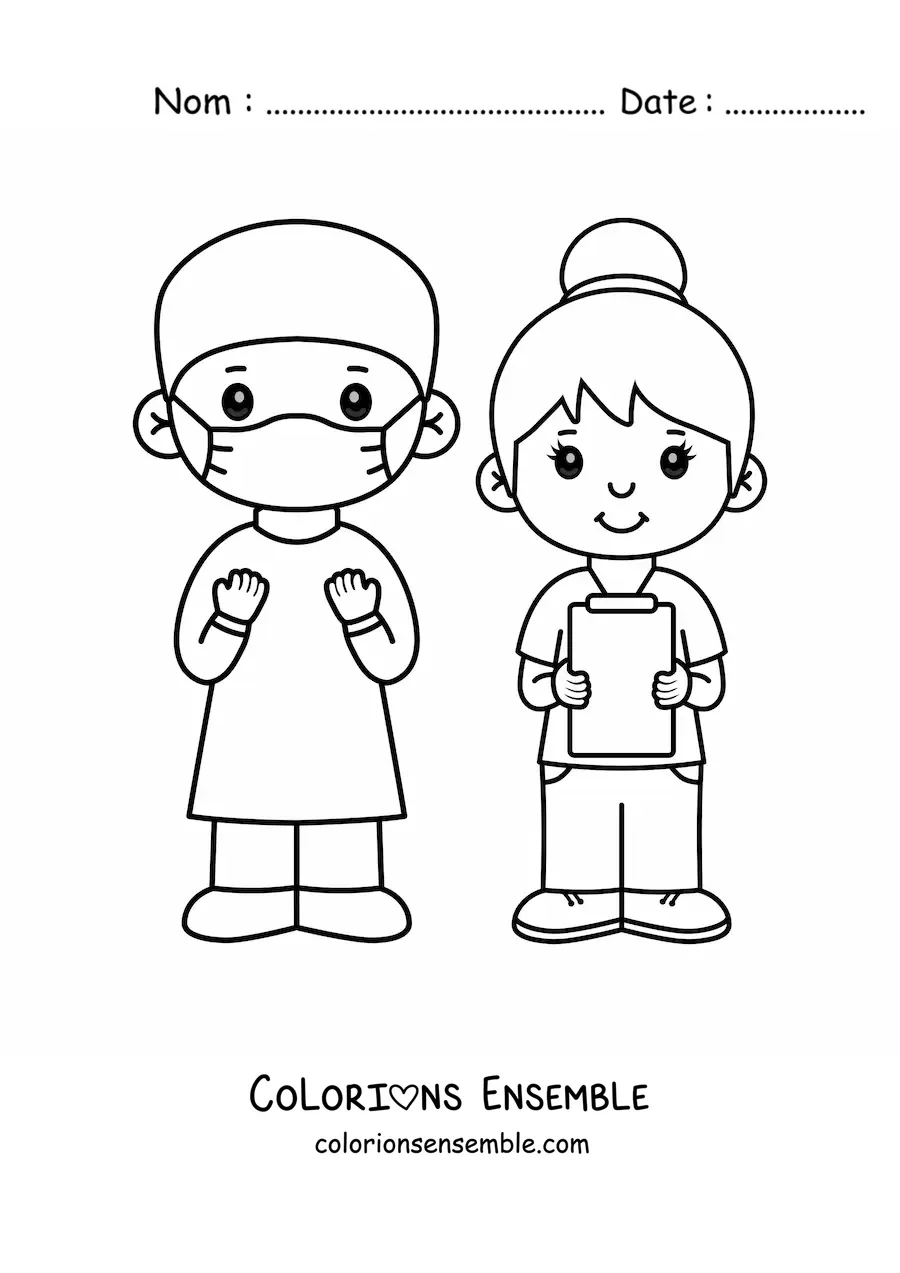 Image à colorier d'un chirurgien et d'une infirmière kawaii