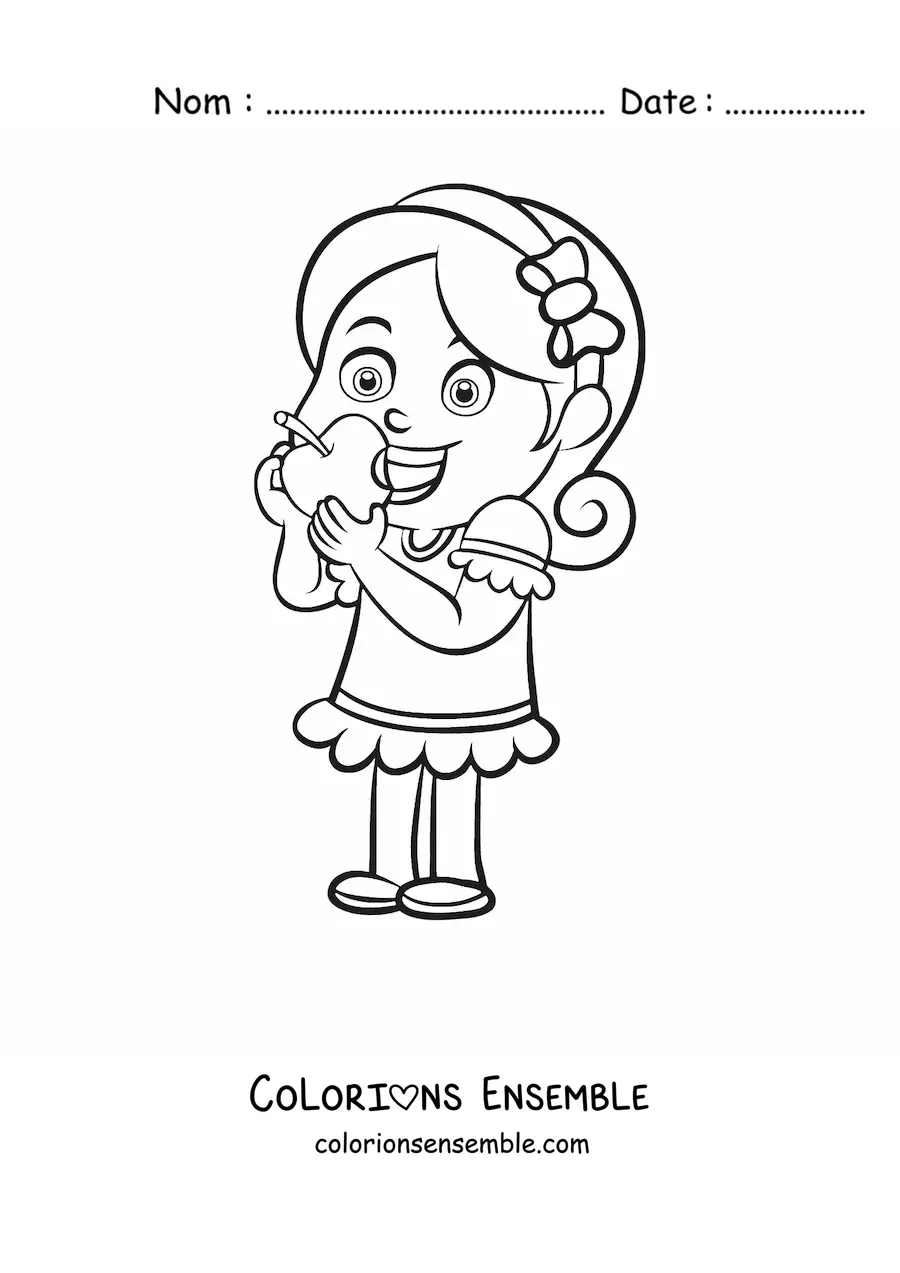 Image à colorier d’une fille mangeant une pomme