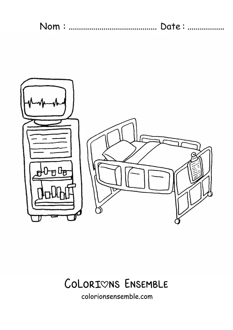 Image à colorier d'un lit d'hôpital et d'équipement médical