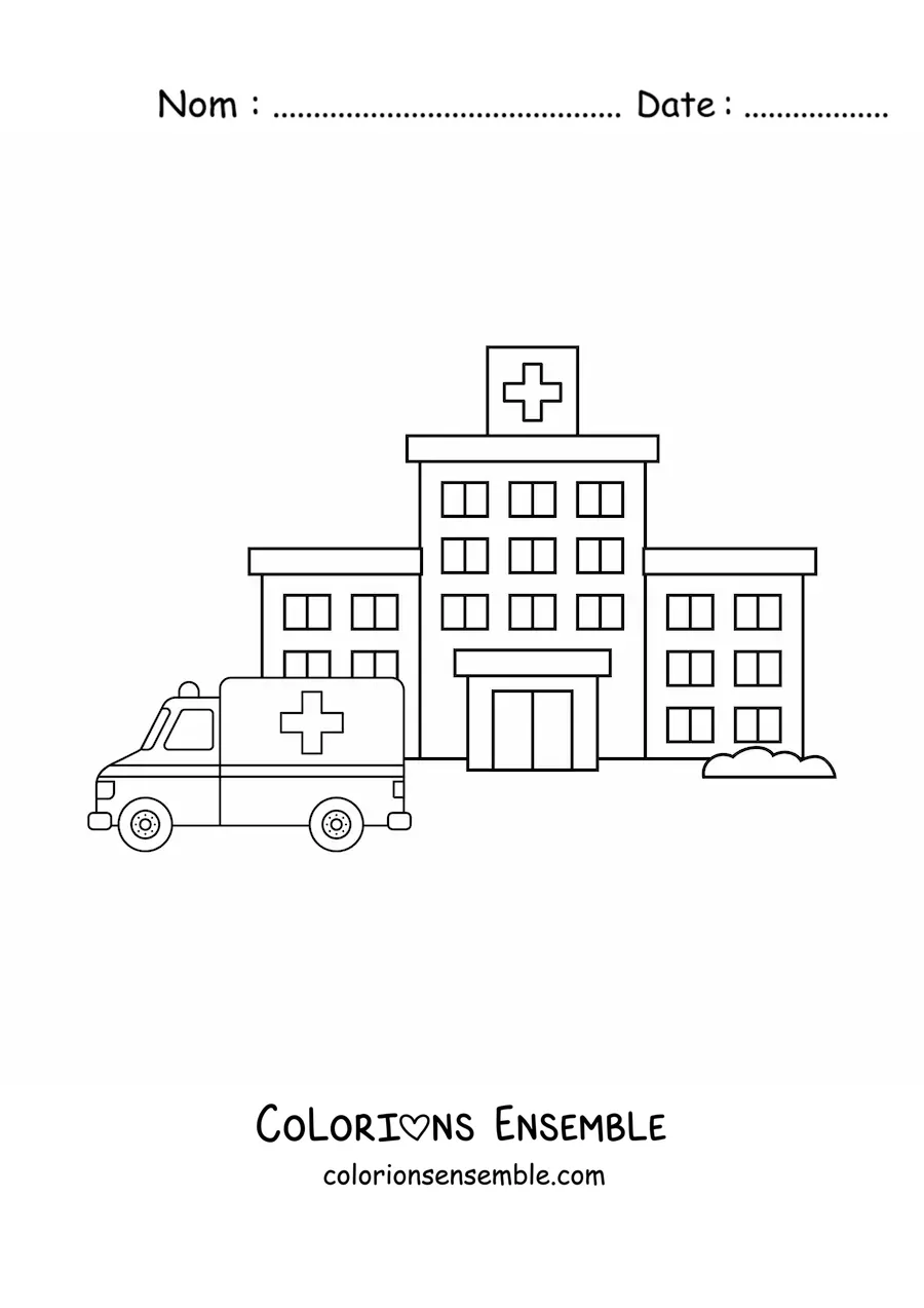 Image à colorier d'un hôpital et d'une ambulance