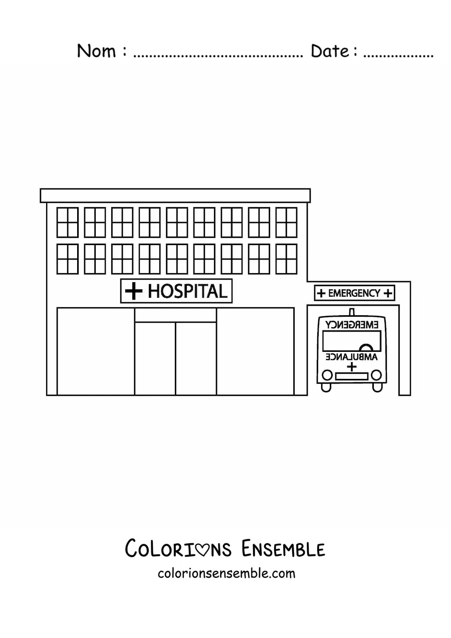 Image à colorier d'un hôpital et d'une ambulance garée