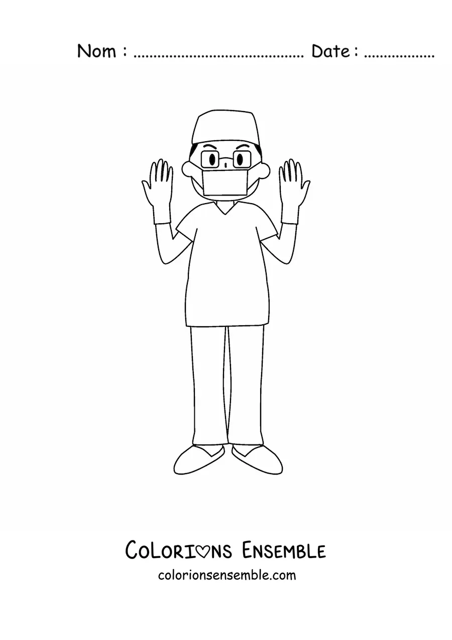 Image à colorier d'un infirmier avec des gants et un masque
