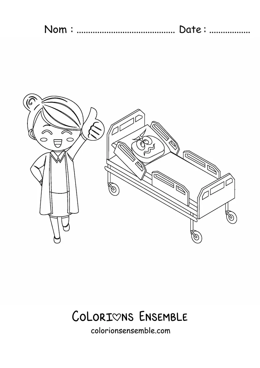 Image à colorier d'une infirmière et d'un lit d'hôpital animé