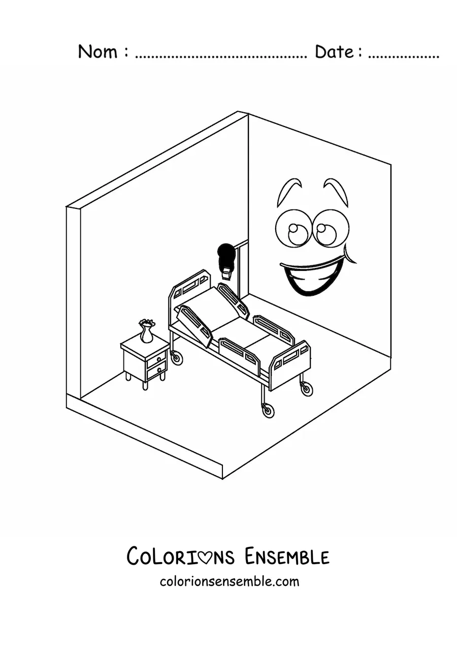 Image à colorier d'une chambre d'hôpital animée