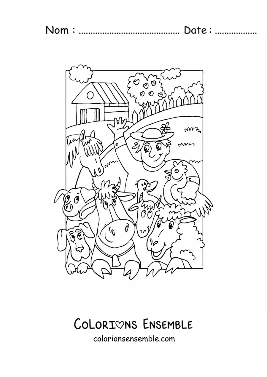 Image à colorier d'un fermier avec des animaux animés