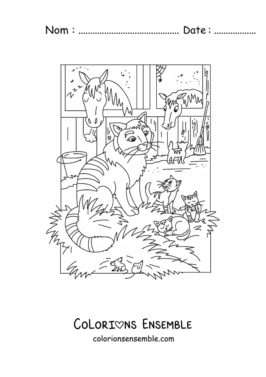 Image à colorier de quatre chats animés et de deux chevaux dans l'écurie