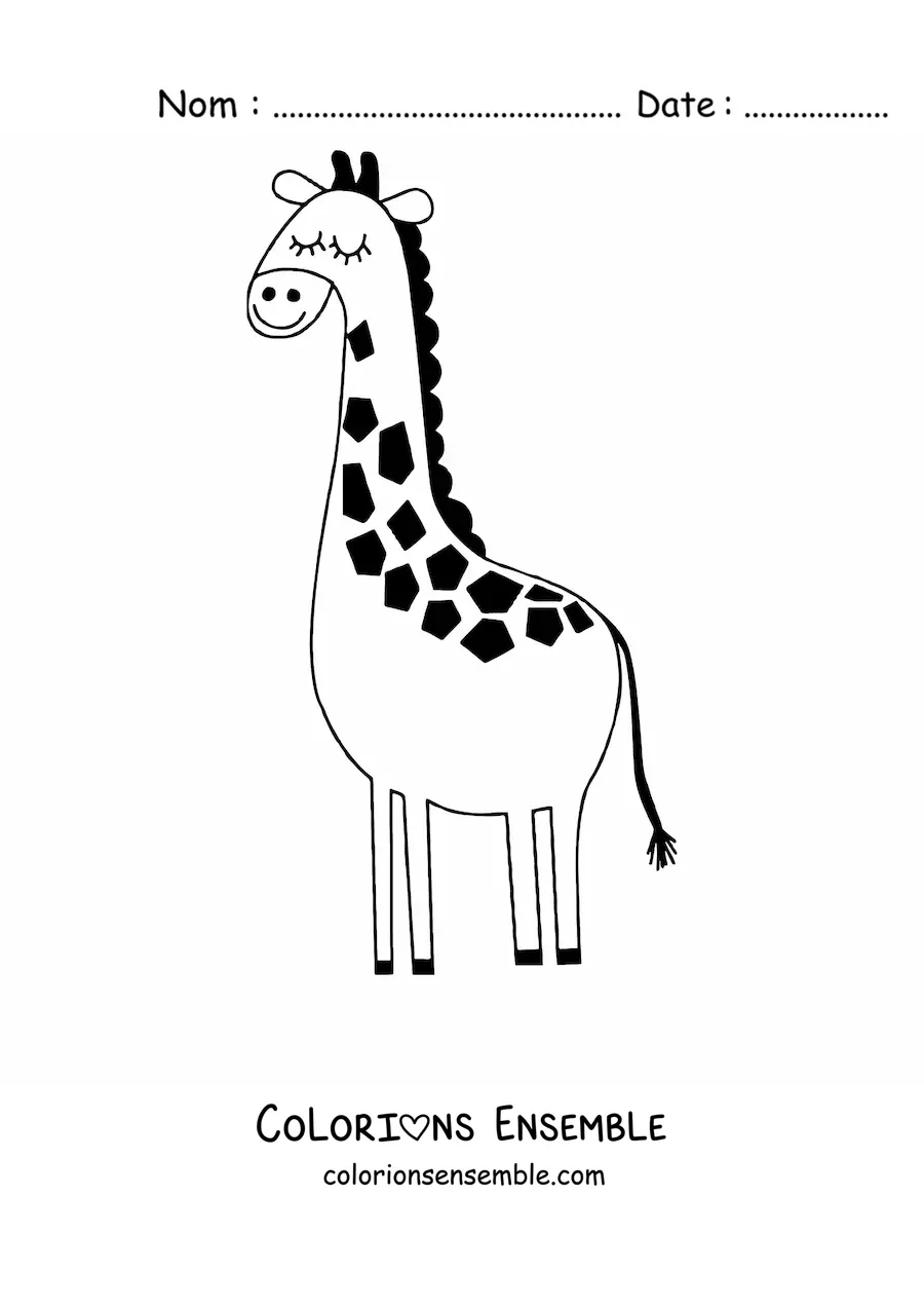 Coloriage d'une girafe de dessin animé souriante, les yeux fermés