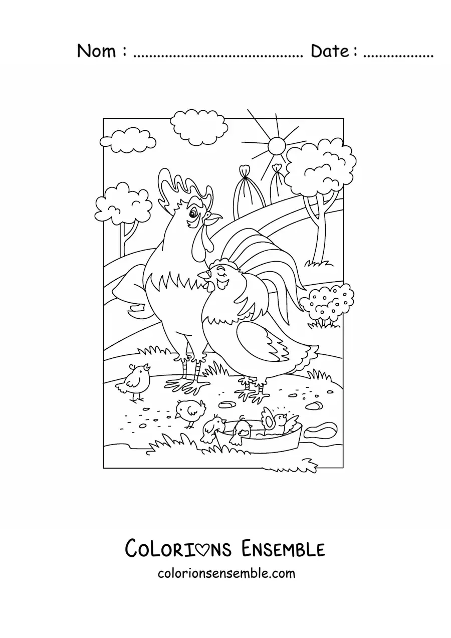 Image à colorier d'une poule avec un coq et des poussins animés à la ferme