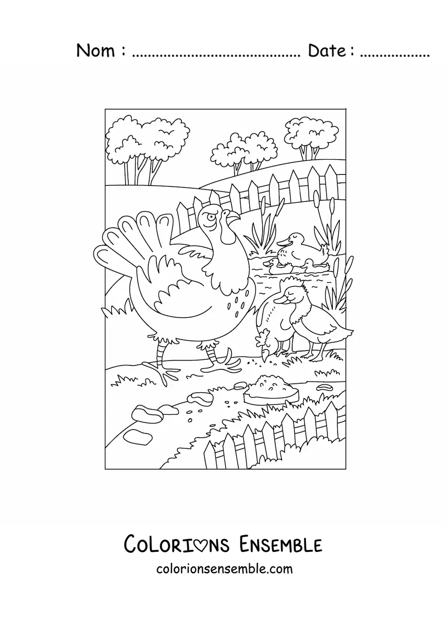 Image à colorier de plusieurs oiseaux à la ferme