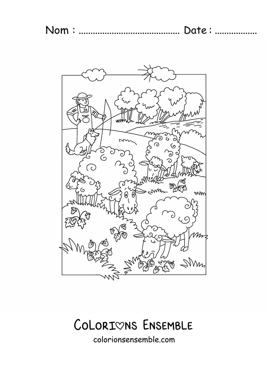 Image à colorier d'un berger avec ses moutons qui broutent