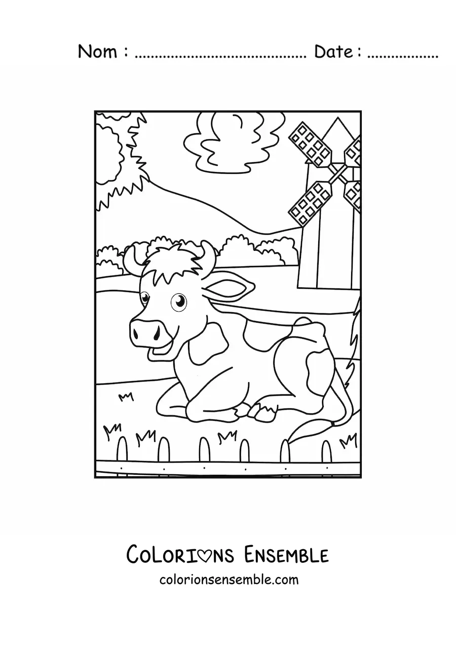 Image à colorier d'une vache animée à la ferme