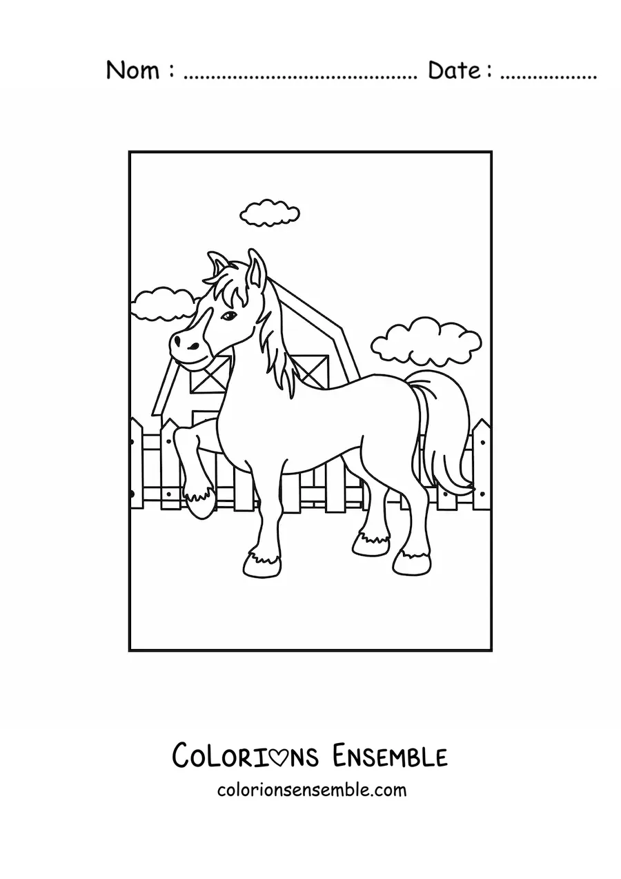Image à colorier d'un cheval animé à la ferme