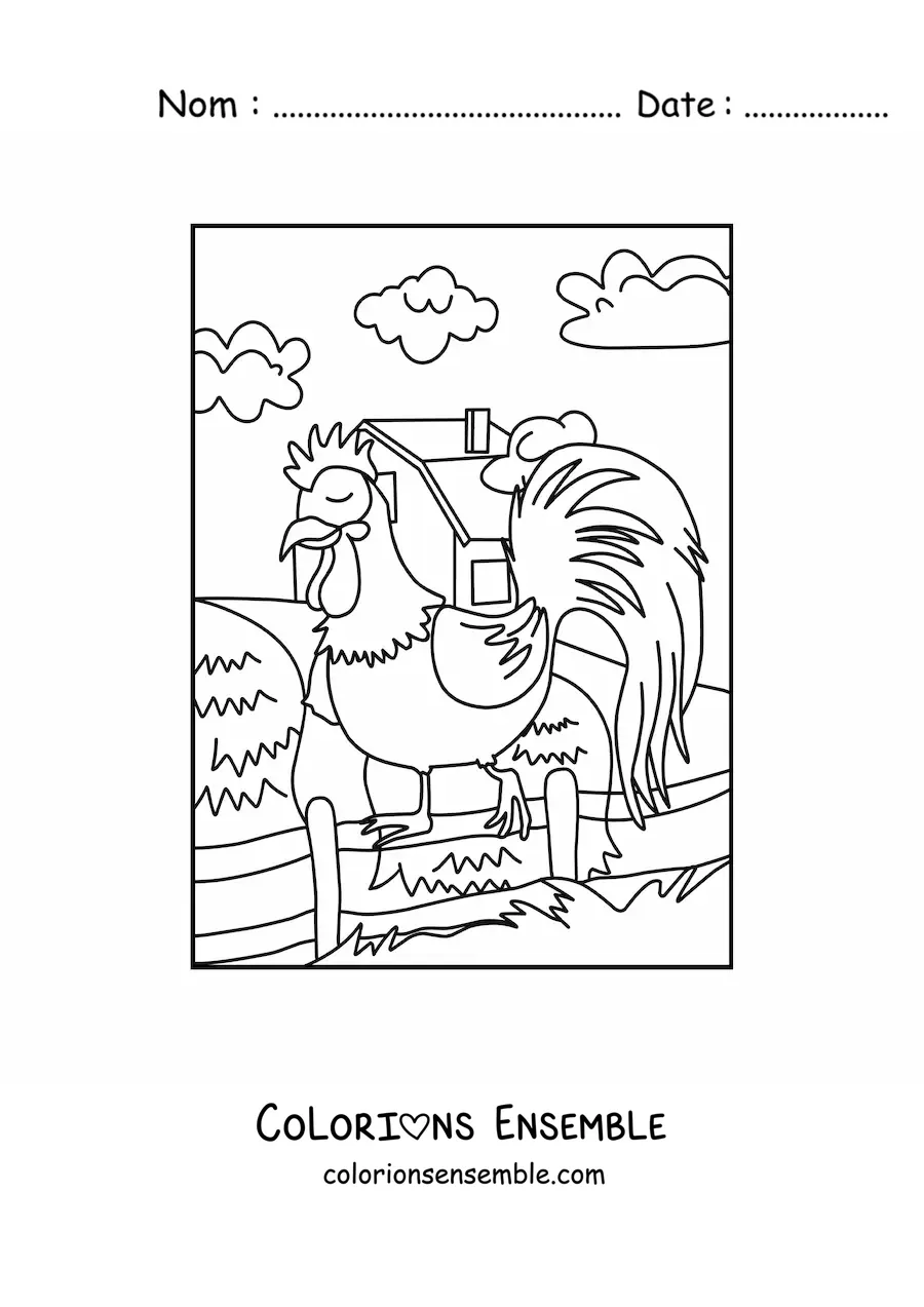 Image à colorier d’un coq dans la ferme
