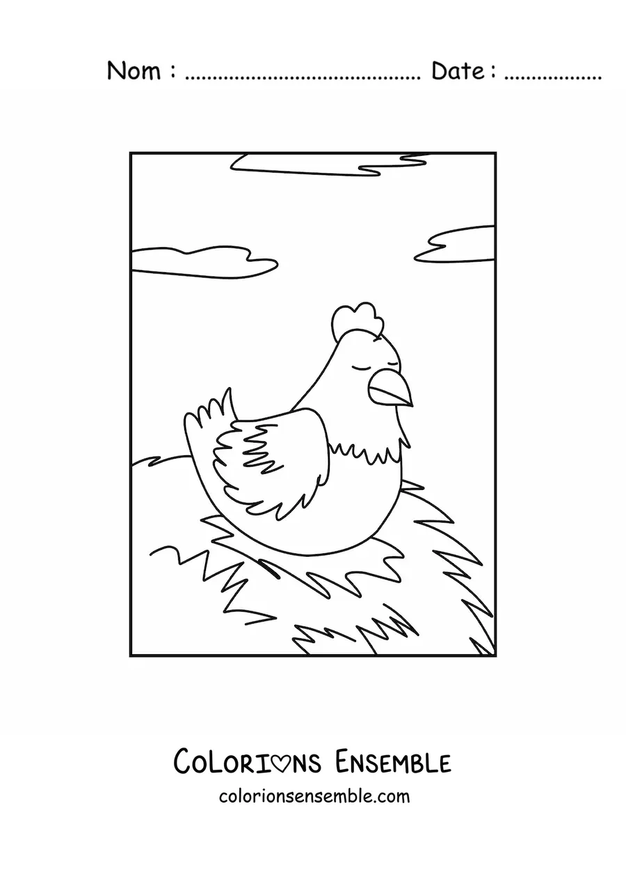 Image à colorier d’une poule qui couve