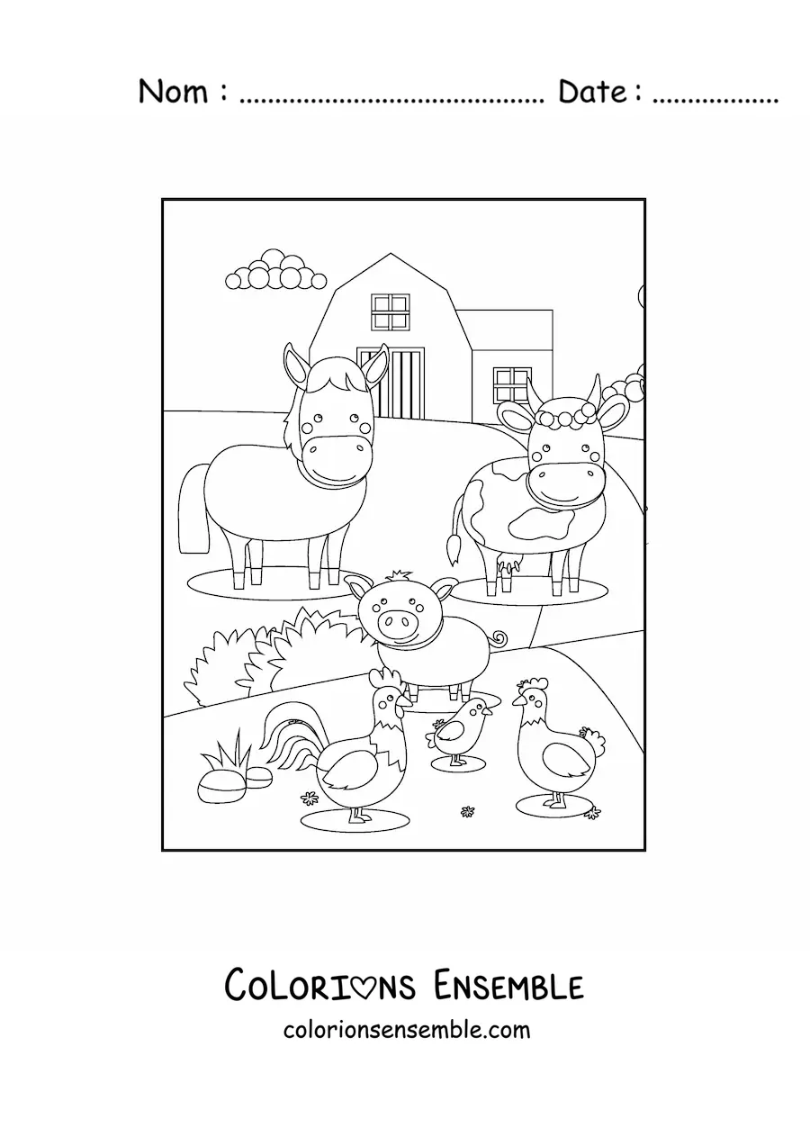 Image à colorier de plusieurs animaux de la ferme
