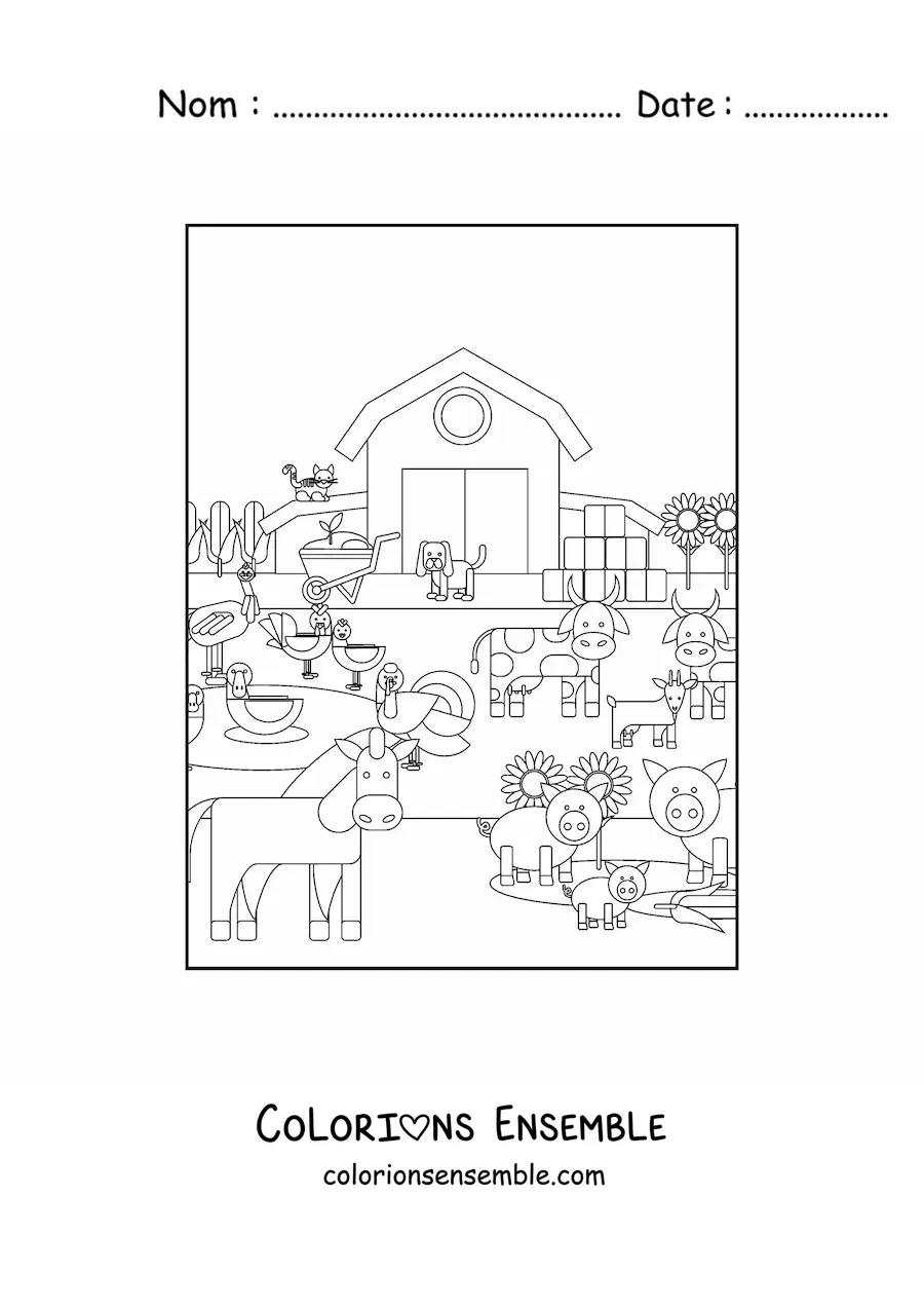 Image à colorier d’une ferme avec des animaux
