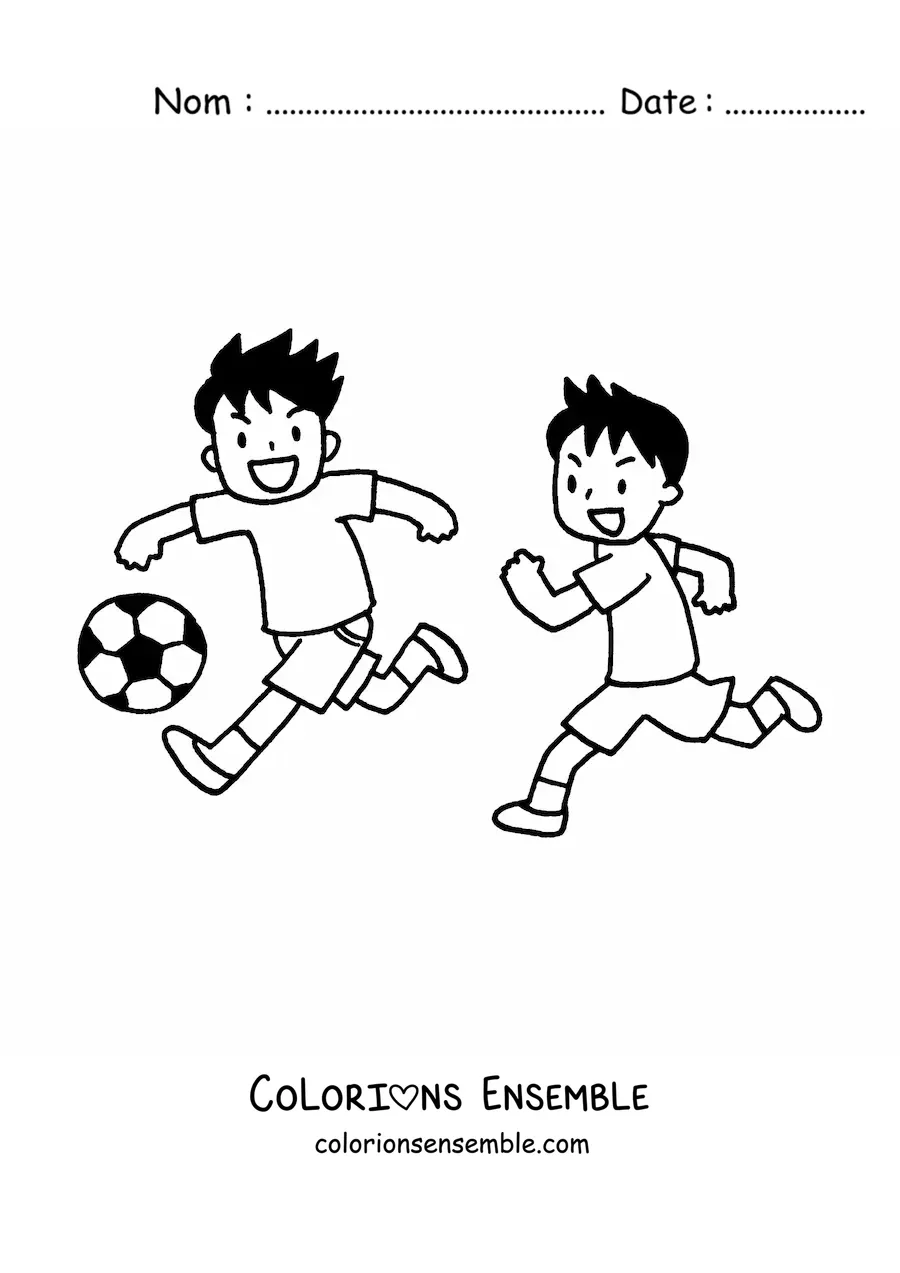 Image à colorier de deux enfants qui jouent au football