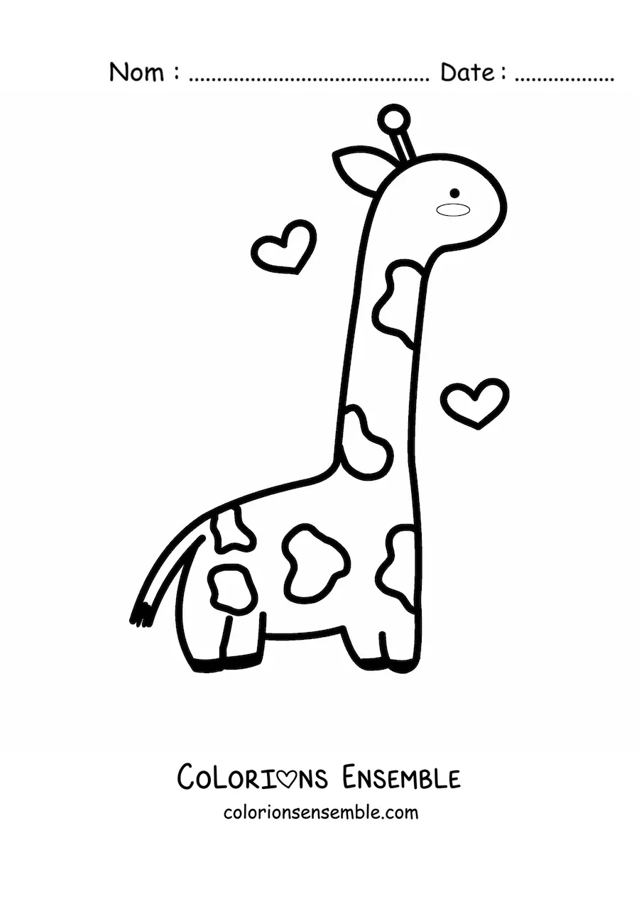 Coloriage d'une girafe kawaii de profil avec des cœurs qui flottent autour d'elle